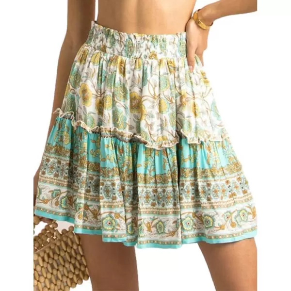 IDEALSANXUN Boho Mini Skirt for Women Beach Flower Print High Waisted A Line Flowy Spring Summer SkirtSky Blue
