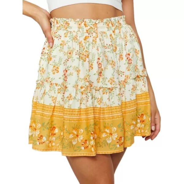 IDEALSANXUN Boho Mini Skirt for Women Beach Flower Print High Waisted A Line Flowy Spring Summer SkirtYellow