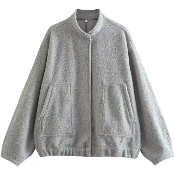 IDEALSANXUN Bomber Jacket Women Wool Coats Casual Oversized Button Down Lightweight Varsity Jackets 2023Light Grey