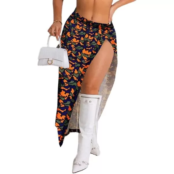 IDEALSANXUN Camo Cargo Skirts for Women High Waisted Camouflage Print High Slit Y2K Maxi Long Skirt with PocketsFloral