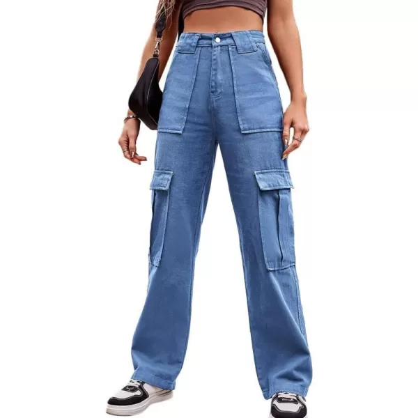 IDEALSANXUN Cargo Jeans for Women High Waisted Casual Baggy Trendy Outdoor Streetwear Y2k Pants Straight Leg Denim JeansBlue