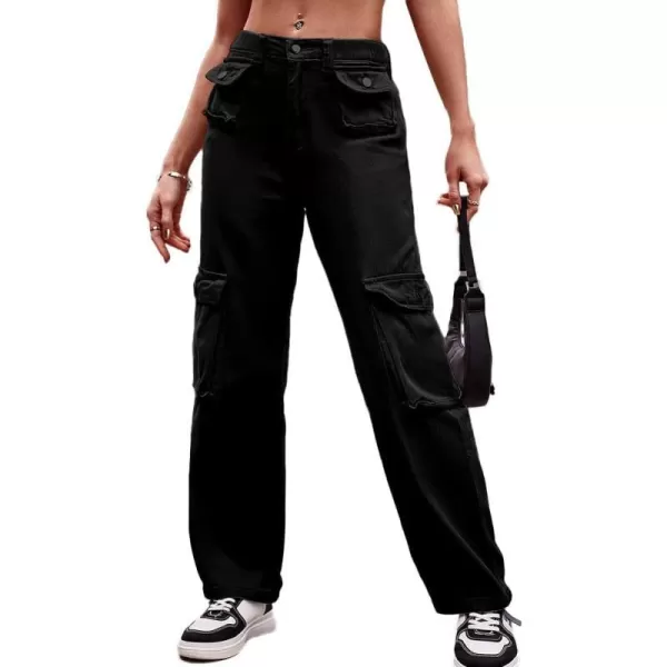 IDEALSANXUN Cargo Jeans for Women Straight Leg Boyfriend Y2k Baggy Jeans Trendy High Waisted Streetwear Cargo PantsBlack