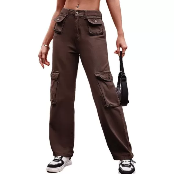 IDEALSANXUN Cargo Jeans for Women Straight Leg Boyfriend Y2k Baggy Jeans Trendy High Waisted Streetwear Cargo PantsCoffee