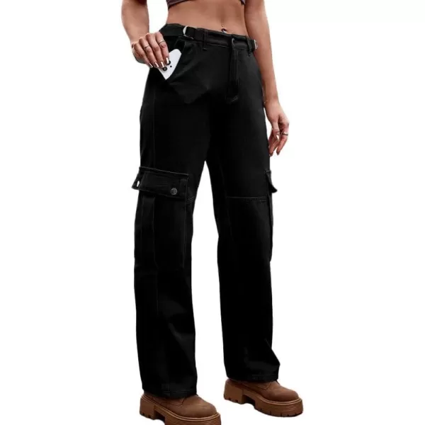 IDEALSANXUN Cargo Jeans for Women Streetwear Baggy Tactical Pants Trendy High Waisted Straight Leg Loose Boyfriend Y2k JeansBlack