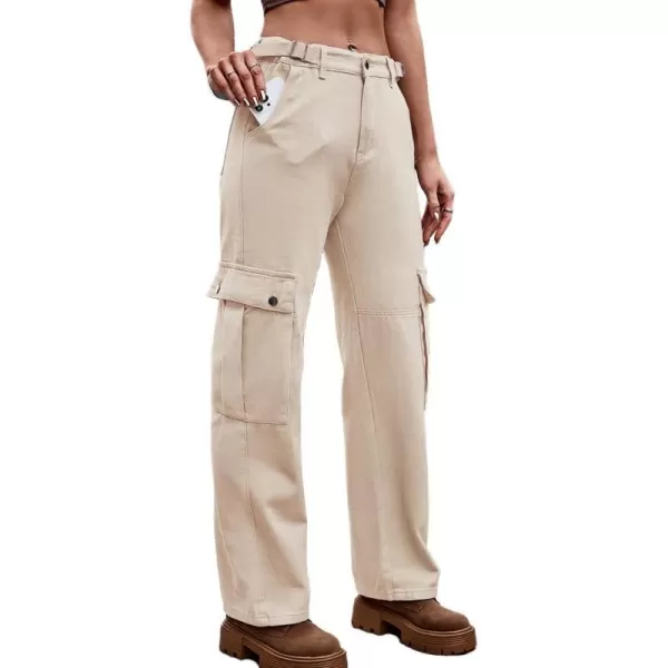 IDEALSANXUN Cargo Jeans for Women Streetwear Baggy Tactical Pants Trendy High Waisted Straight Leg Loose Boyfriend Y2k JeansKhaki