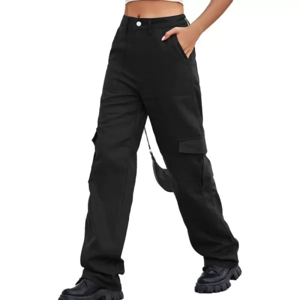 IDEALSANXUN Cargo Jeans for Women Trendy Casual Streetwear Baggy Y2k Pants High Waisted Straight Leg Boyfriend Denim JeansBlack