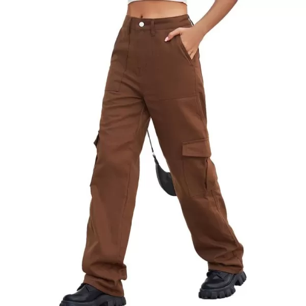 IDEALSANXUN Cargo Jeans for Women Trendy Casual Streetwear Baggy Y2k Pants High Waisted Straight Leg Boyfriend Denim JeansBrown