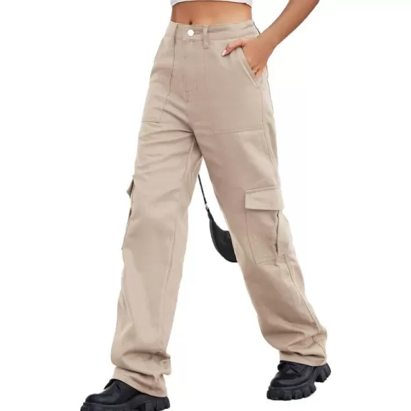IDEALSANXUN Cargo Jeans for Women Trendy Casual Streetwear Baggy Y2k Pants High Waisted Straight Leg Boyfriend Denim JeansKhaki