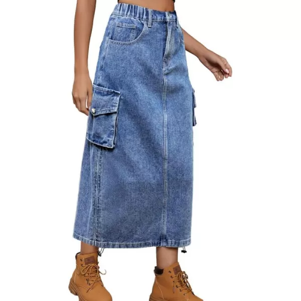 IDEALSANXUN Cargo Skirts for Women 2023 Midi Long Denim Jean SkirtDenim Blue