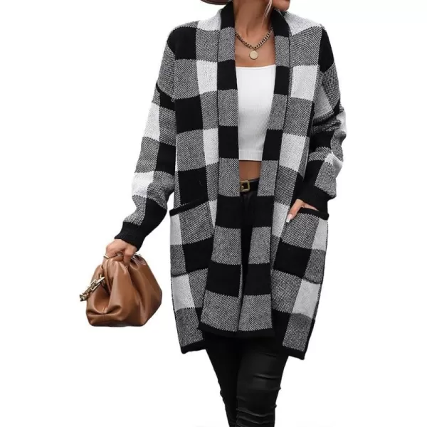 IDEALSANXUN Checkered Cardigan Sweaters for Women Oversized Lightweight Long Sleeve Open Front Long Knit Sweater CoatBlack