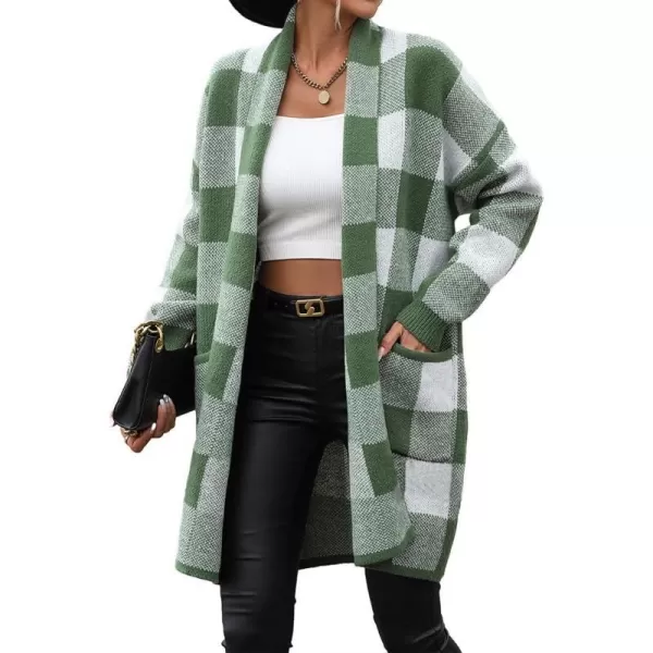 IDEALSANXUN Checkered Cardigan Sweaters for Women Oversized Lightweight Long Sleeve Open Front Long Knit Sweater CoatGreen