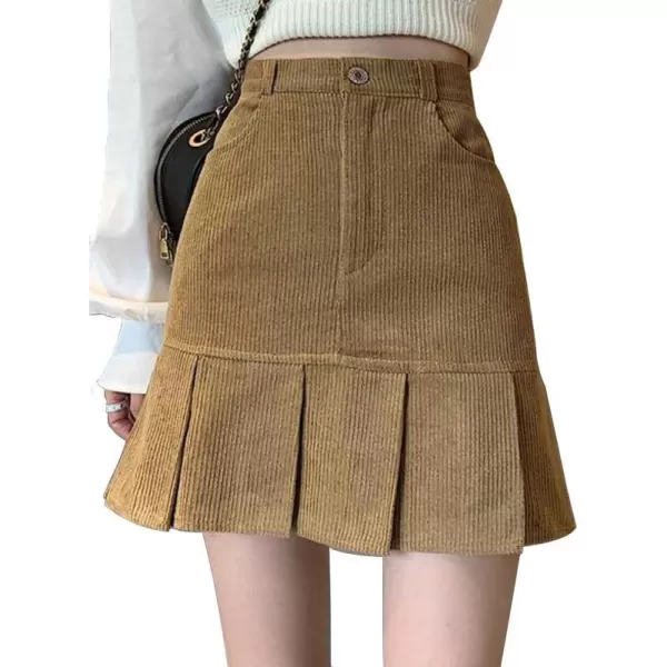 IDEALSANXUN Corduroy Mermaid Skirt for Women High Waisted Pleated Ruffle A Line Fall Winter Mini SkirtsKhaki