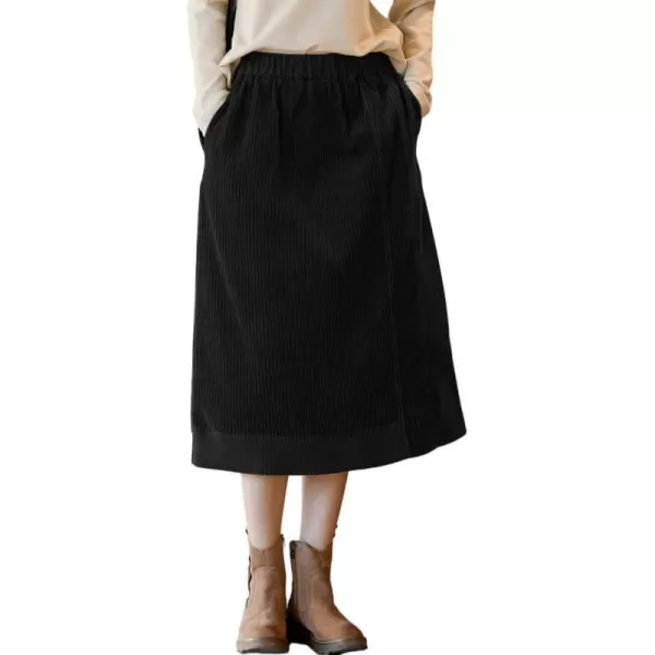 IDEALSANXUN Corduroy Midi Skirt for Women Fall Winter 2023 High Waisted A Line Long Skirt with SlitBlack