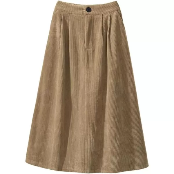 IDEALSANXUN Corduroy Midi Skirt for Women High Waisted A Line Fall Winter Wool SkirtKhaki