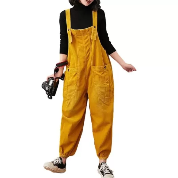 IDEALSANXUN Corduroy Overalls for Women Bib Streetwear Baggy Adjustable Straps Big Pocket Loose Fit Fall Winter JumpsuitYellow