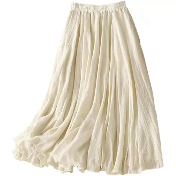 IDEALSANXUN Cotton Linen Skirts for Women Trendy High Waisted A Line Ruffle Flowy Fairy Boho Summer Pleated Midi SkirtApricot