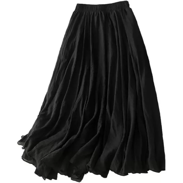 IDEALSANXUN Cotton Linen Skirts for Women Trendy High Waisted A Line Ruffle Flowy Fairy Boho Summer Pleated Midi SkirtBlack