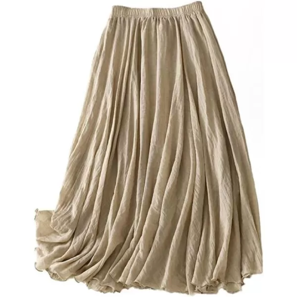 IDEALSANXUN Cotton Linen Skirts for Women Trendy High Waisted A Line Ruffle Flowy Fairy Boho Summer Pleated Midi SkirtKhaki