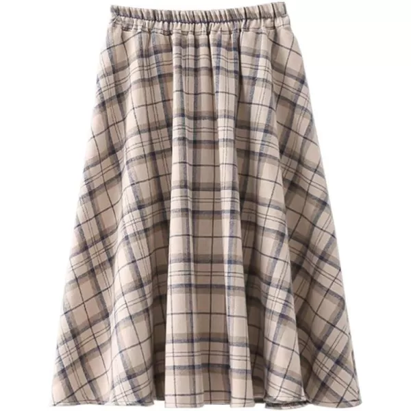 IDEALSANXUN Cotton Plaid Skirts for Women High Waisted Elastic Pleated Flowy Fall Winter ALine Long Maxi SkirtBeige