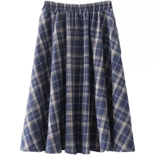 IDEALSANXUN Cotton Plaid Skirts for Women High Waisted Elastic Pleated Flowy Fall Winter ALine Long Maxi SkirtBlue