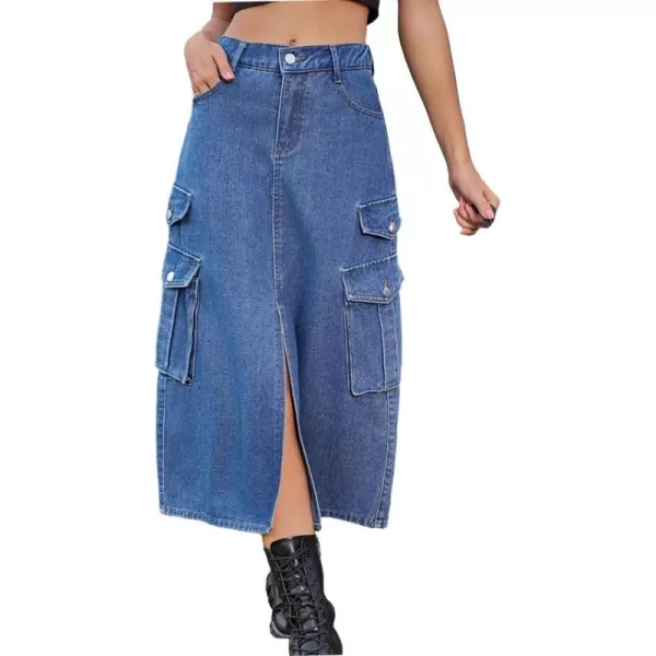 IDEALSANXUN Denim Cargo Long Skirt for Women 2023 High Waisted Elastic Y2K Pencil Maxi Jean Skirts with Front SlitBlue