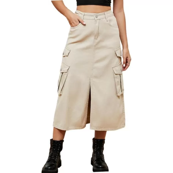 IDEALSANXUN Denim Cargo Long Skirt for Women 2023 High Waisted Elastic Y2K Pencil Maxi Jean Skirts with Front SlitKhaki