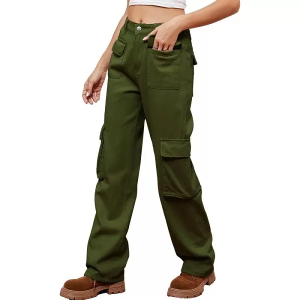 IDEALSANXUN Denim Cargo Pants for Women High Waisted Baggy Straight Leg Long Jeans Trousers with Flap PocketArmy Green