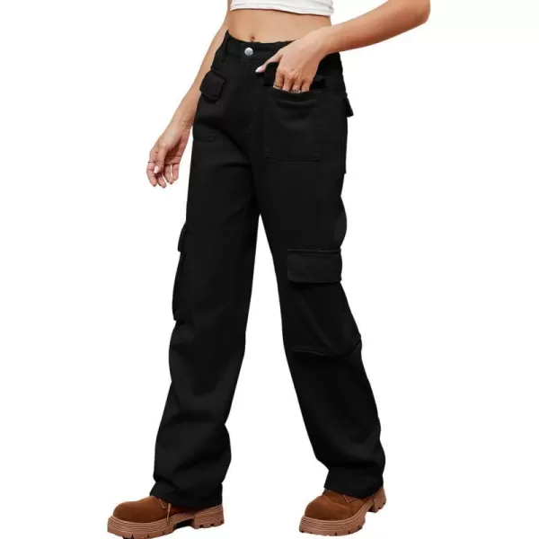 IDEALSANXUN Denim Cargo Pants for Women High Waisted Baggy Straight Leg Long Jeans Trousers with Flap PocketBlack