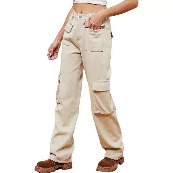 IDEALSANXUN Denim Cargo Pants for Women High Waisted Baggy Straight Leg Long Jeans Trousers with Flap PocketLight Khaki