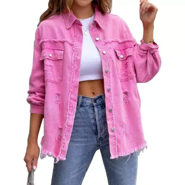 IDEALSANXUN Denim Jacket for Women Cute Long Sleeve Blouse Casual Tops Coat Distressed Jean JacketPink