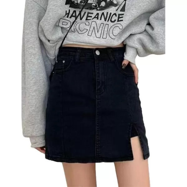 IDEALSANXUN Denim Mini Skirt for Women High Waisted A Line Fall Winter 2023 Jean Skirt with SlitBlack