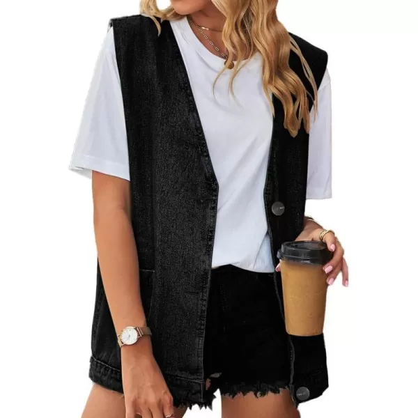 IDEALSANXUN Denim Vest for Women Fashion Casual Sleeveless Tops Jackets Oversized Vests Jean Jacket WaistcoatBlack