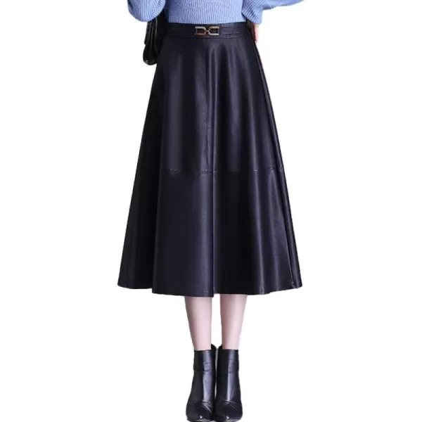 IDEALSANXUN Faux Leather Midi Skirts for Women Elastic High Waisted A Line Flare Pleated Fall Winter SkirtBlack