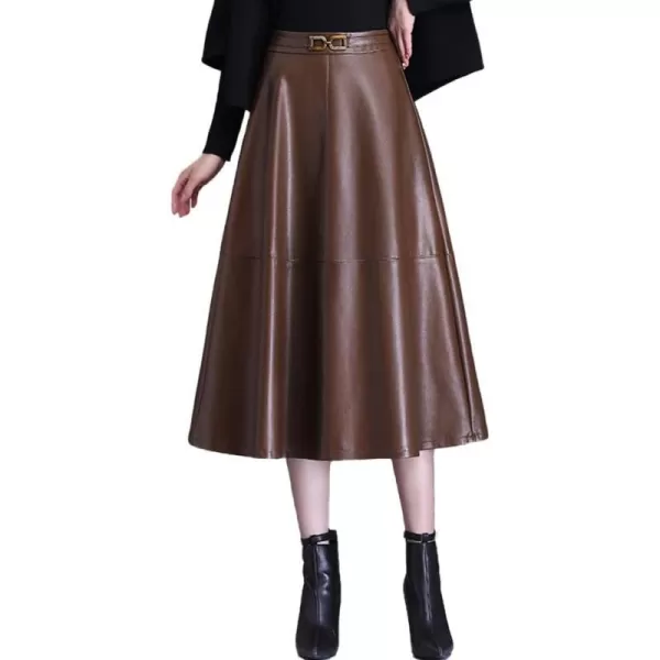 IDEALSANXUN Faux Leather Midi Skirts for Women Elastic High Waisted A Line Flare Pleated Fall Winter SkirtCoffee