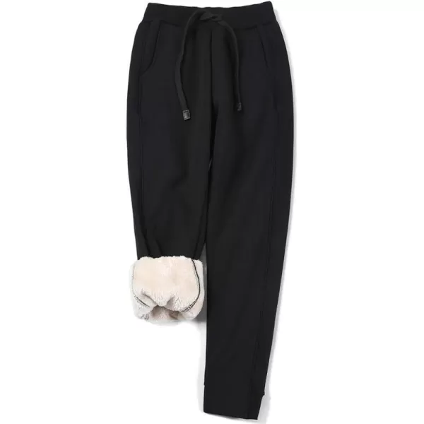 IDEALSANXUN Fleece Lined Jersey Pants for Womens Drawstring Sherpa Lined Jogger Winter Warm SweatpantsBlack