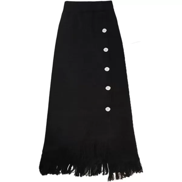 IDEALSANXUN Fringe Plaid Maxi Skirt for Women High Waisted A Line Asymmetrical Fall Winter Knit Tassel Wrap SkirtBlack