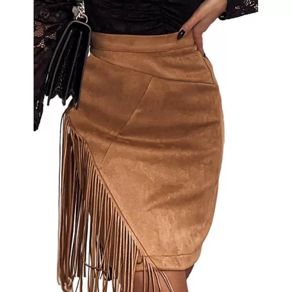 IDEALSANXUN Fringe Suede Skirt for Women High Waisted Fall Winter Tassel Short Mini Skirt 2023Brown