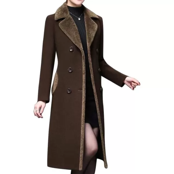 IDEALSANXUN Fur Collar Wool Coats for Women Double Breasted Long Peacoat Jackets 20231brown