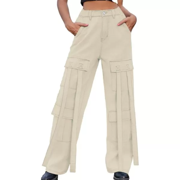 IDEALSANXUN Jean Cargo Pants for Women High Waisted 2023 Loose Straight Leg Baggy Denim Trousers with Flap PocketLight Khaki