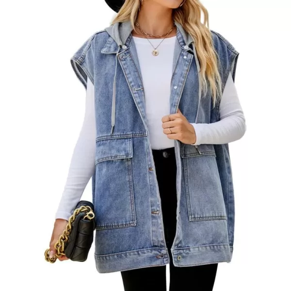 IDEALSANXUN Jean Vest for Women Fashion Oversized Jean Jacket Denim Vest Casual Sleeveless Tops Jackets WaistcoatHooded Blue