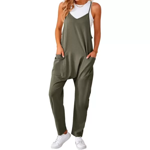 IDEALSANXUN Jumpsuits for Women Wide Leg Spaghetti Strap Cotton Stretchy Overalls Romper 2023Army