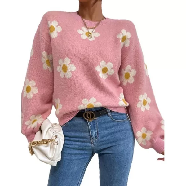 IDEALSANXUN Knit Sweater for Women Casual Long Sleeve Crewneck Floral Loose Chunky Ribbed Pullover TopsPink