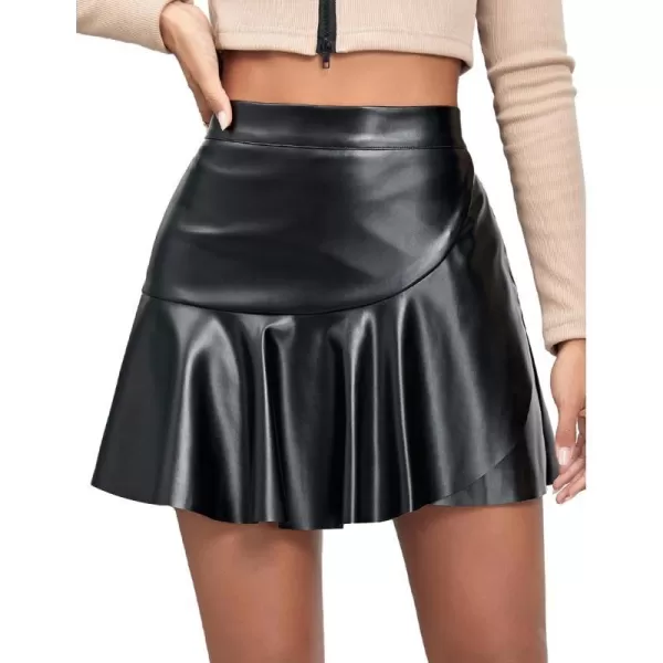 IDEALSANXUN Leather Mini Skirt for Women High Waisted ALine Pleated Ruffle Casual Flared 2023 Trendy Fall Winter SkirtBlack