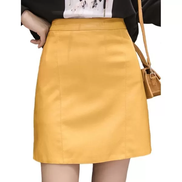 IDEALSANXUN Leather Mini Skirt for Women High Waisted PU A Line Glossy Fall SkirtsYellow