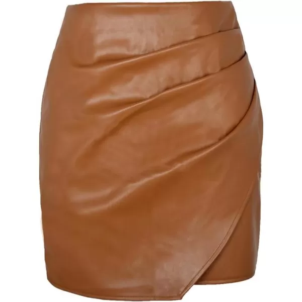 IDEALSANXUN Leather Mini Skirt for Women High Waisted Pencil Ruched Bodycon Asymmetrical Short SkirtBrown