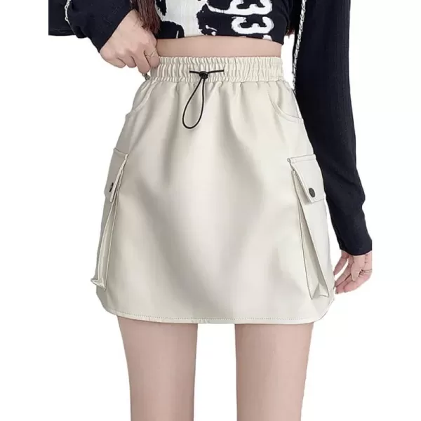 IDEALSANXUN Leather Mini Skirts for Women 2023 Fall Winter High Waisted Drawstring A Line Short Skirt with PocketBeige