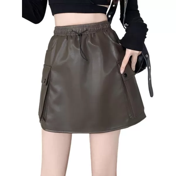 IDEALSANXUN Leather Mini Skirts for Women 2023 Fall Winter High Waisted Drawstring A Line Short Skirt with PocketCoffee