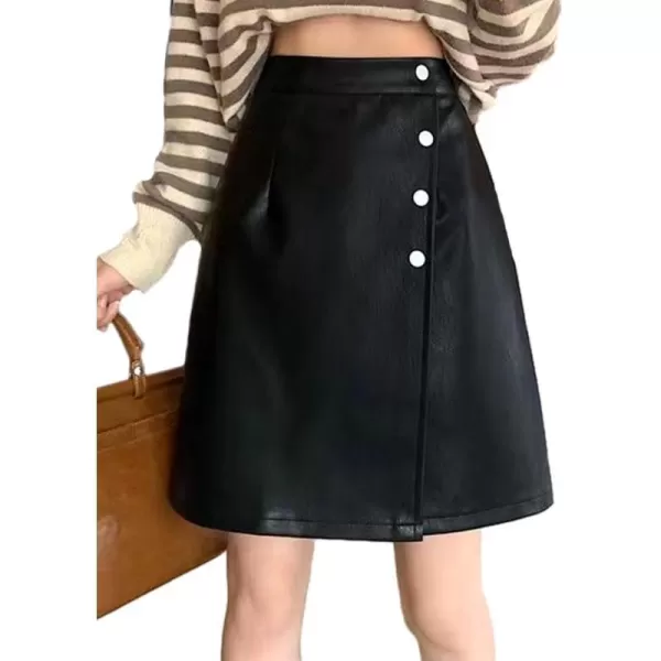 IDEALSANXUN Leather Mini Skirts for Women High Waisted A Line Fall Winter PU Button SkirtBlack