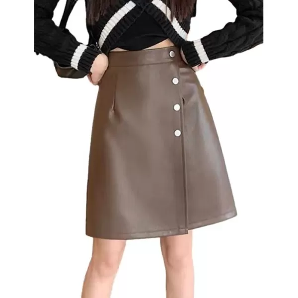 IDEALSANXUN Leather Mini Skirts for Women High Waisted A Line Fall Winter PU Button SkirtCoffee