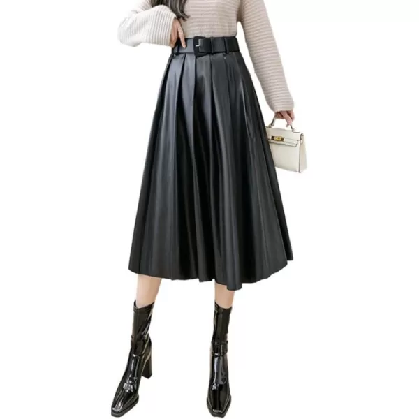 IDEALSANXUN Leather Pleated Skirt for Women 2023 High Waisted PU A Line Flared Fall Winter Midi Skirts with BeltBlack